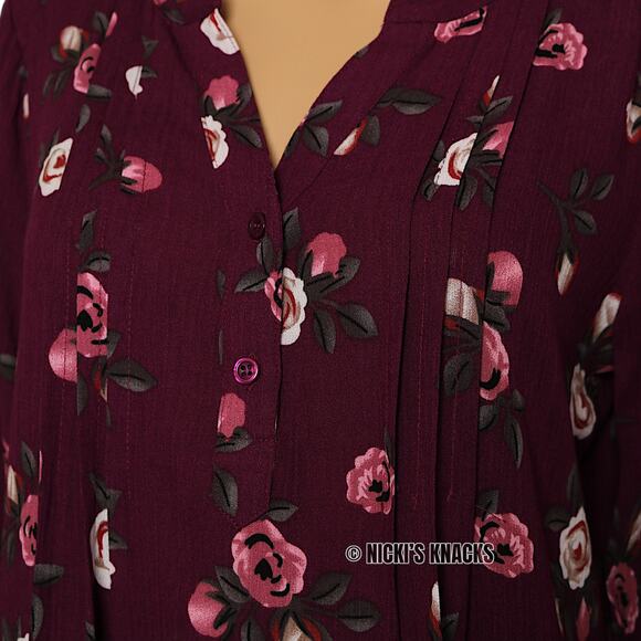 Stitch Fix Burgundy Floral Blouse Split Neck 3/4 Sleeve Pleated Fall Top Size S - Picture 3 of 9